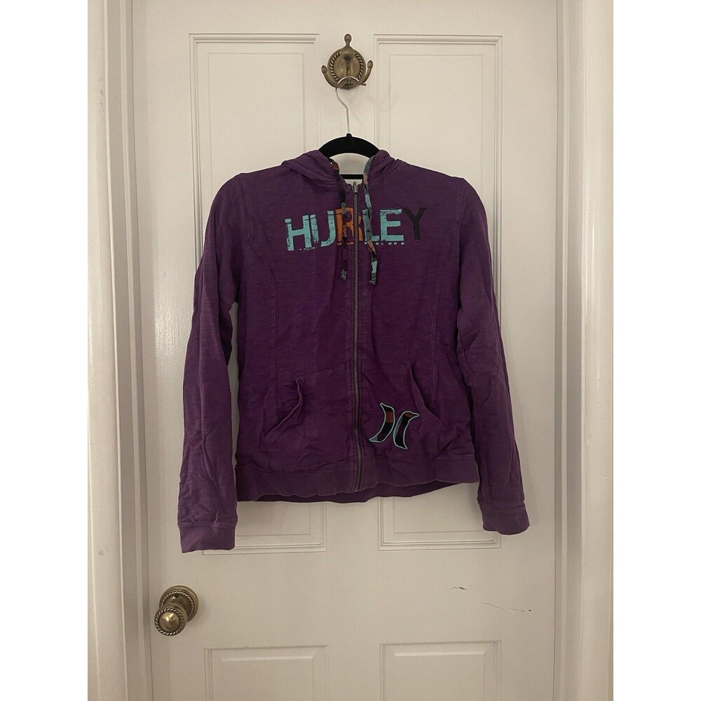 Hurley Vintage Women Reversible Multicolor Purple Plaid Zip Jacket Hood Size L
